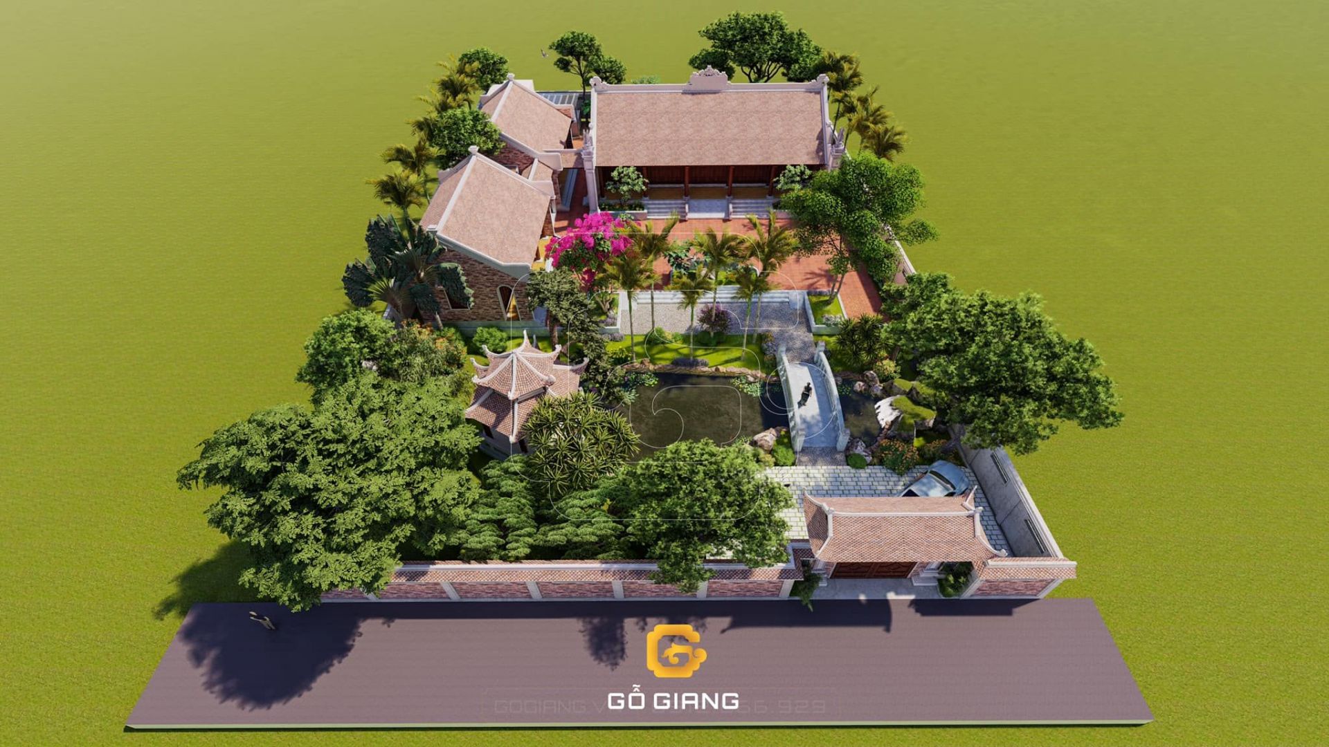 3D Khuôn Viên Tổng Mat Bằng Nhà Gỗ 5 Gian